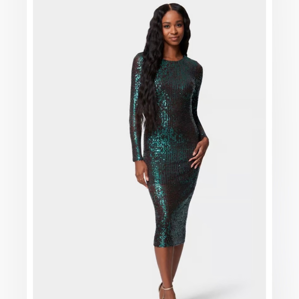 Bebe Sequin Cowl Back Midi Dress